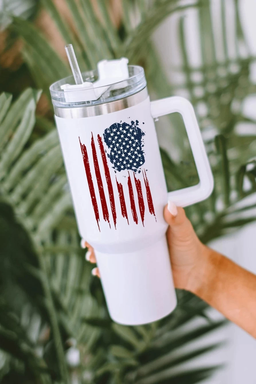 Shewin Women's White Stainless Steel Tumbler Mug with Straw - Patriotic American Flag Print, Portable & Insulated