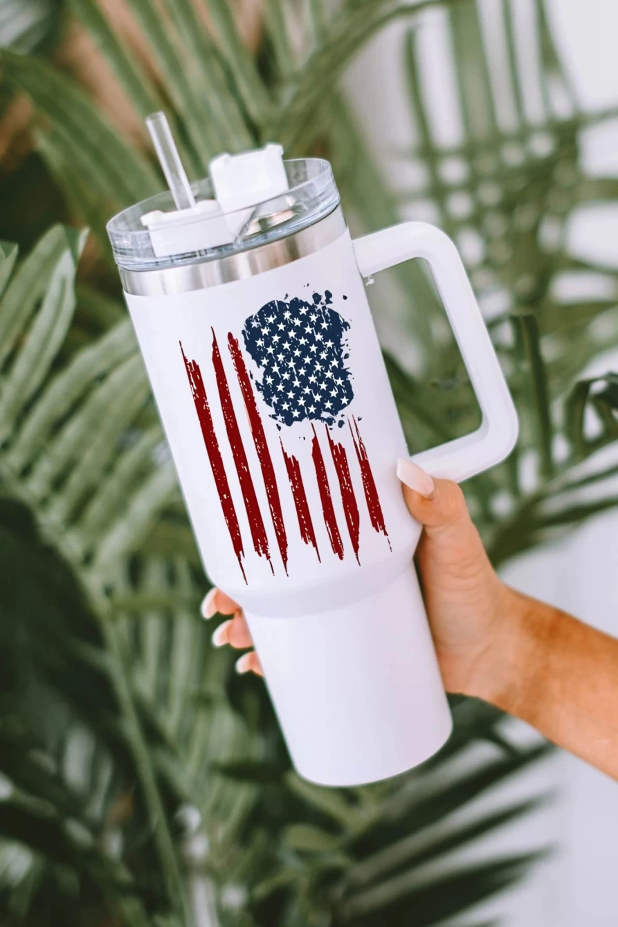 Shewin Women's White Stainless Steel Tumbler Mug with Straw - Patriotic American Flag Print, Portable & Insulated