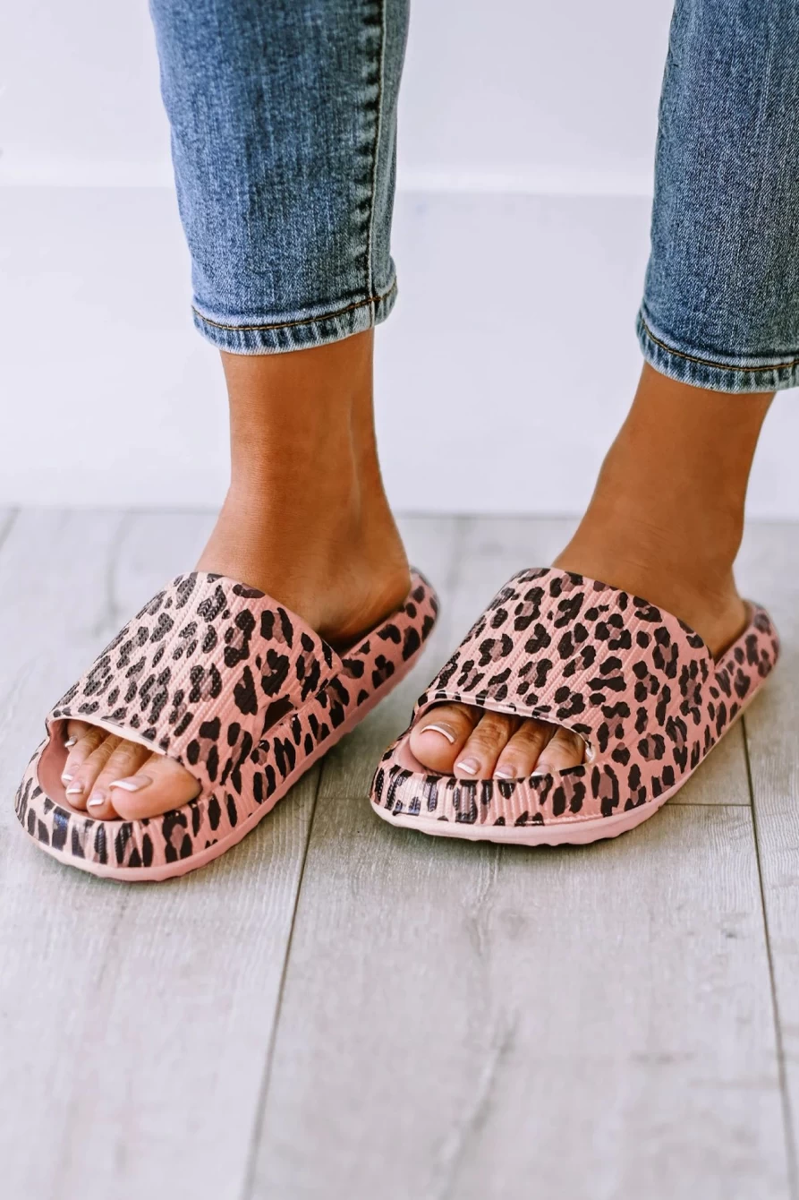 Shewin Women's Pink Leopard Print Cloud Slides with Thick Sole - Comfortable Flat Slippers