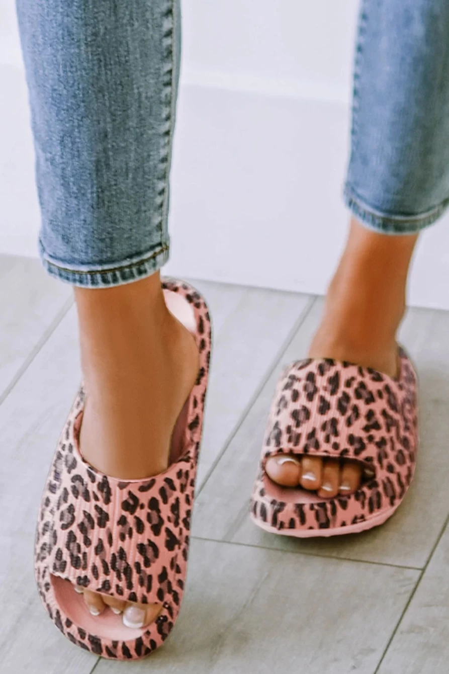 Shewin Women's Pink Leopard Print Cloud Slides with Thick Sole - Comfortable Flat Slippers