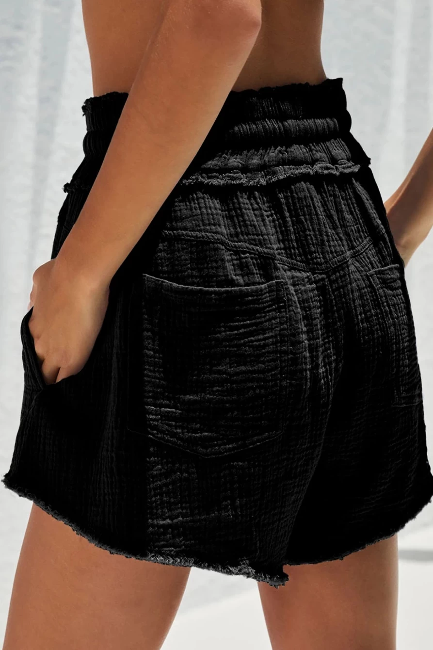 Shewin Women's Black Casual Shorts with Smocked Waist, Raw Hem & Drawstring Pockets