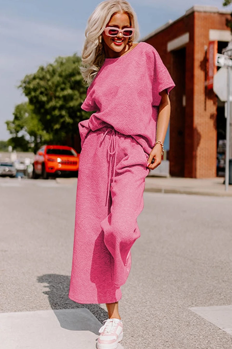 Shewin Women's Strawberry Pink Textured Loose Fit T-Shirt & Drawstring Pants Lounge Set