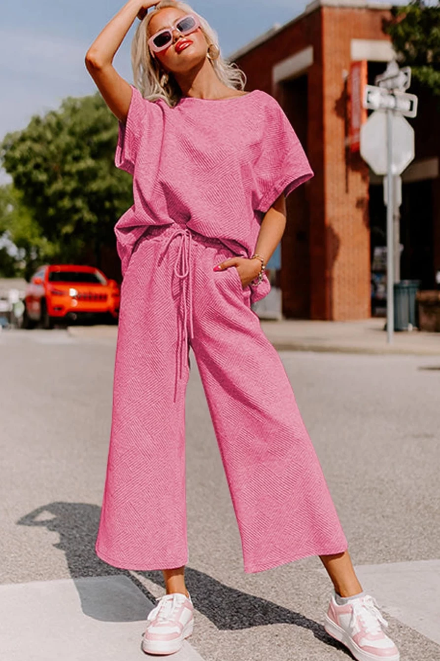 Shewin Women's Strawberry Pink Textured Loose Fit T-Shirt & Drawstring Pants Lounge Set