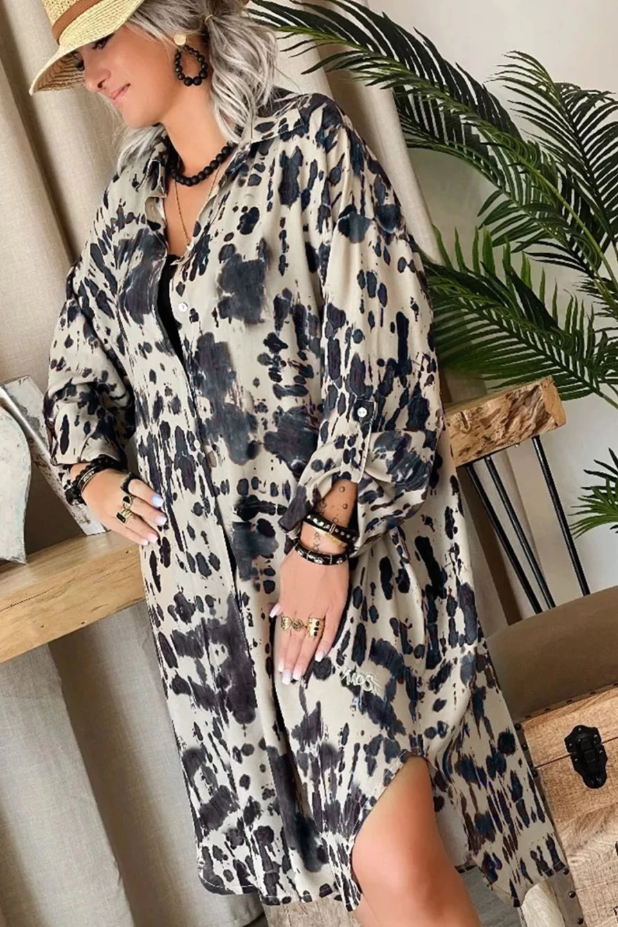Shewin Women's Apricot Tie Dye High Low Hem Oversized Shirt Dress