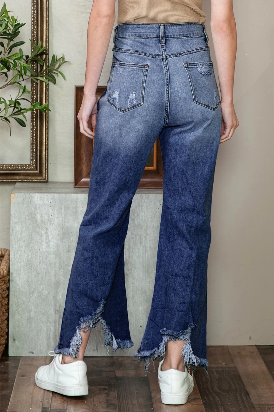 Shewin Women's Blue Wide Leg Raw Hem Destroyed Heavy Denim Jeans