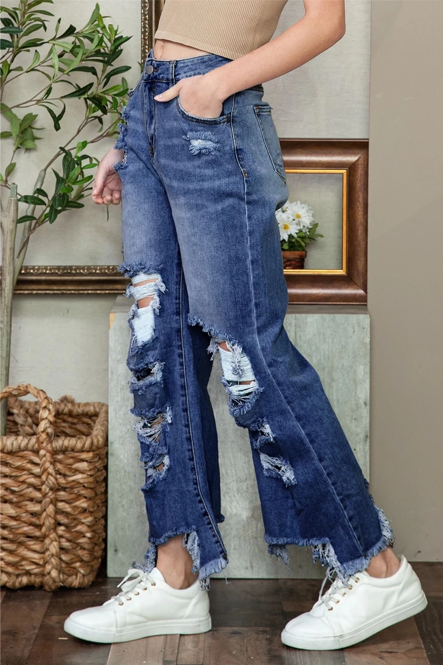 Shewin Women's Blue Wide Leg Raw Hem Destroyed Heavy Denim Jeans
