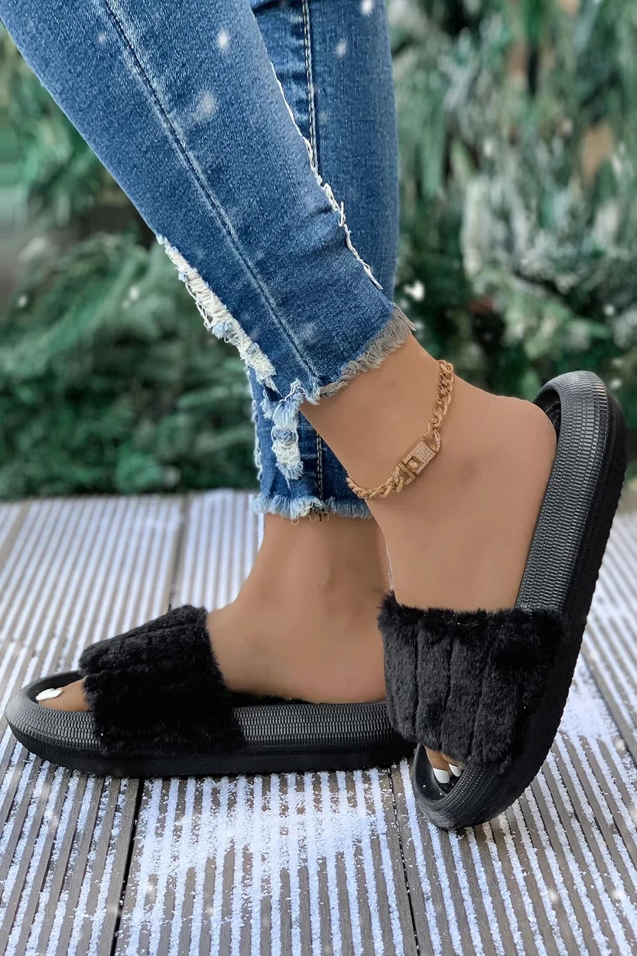 Shewin Women's Black Plush Open-Toe Flat Slippers - Ultra Comfy & Cozy