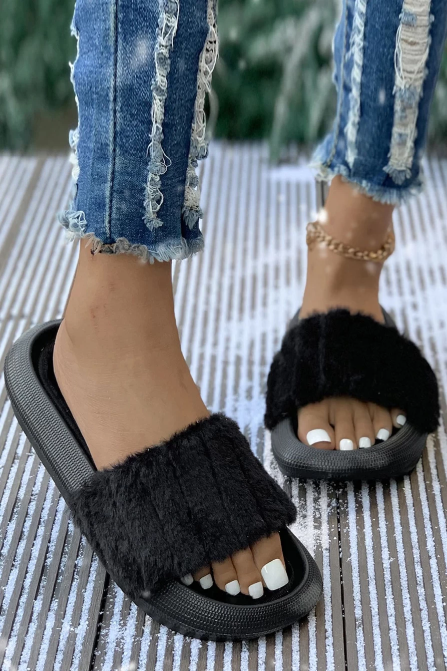 Shewin Women's Black Plush Open-Toe Flat Slippers - Ultra Comfy & Cozy