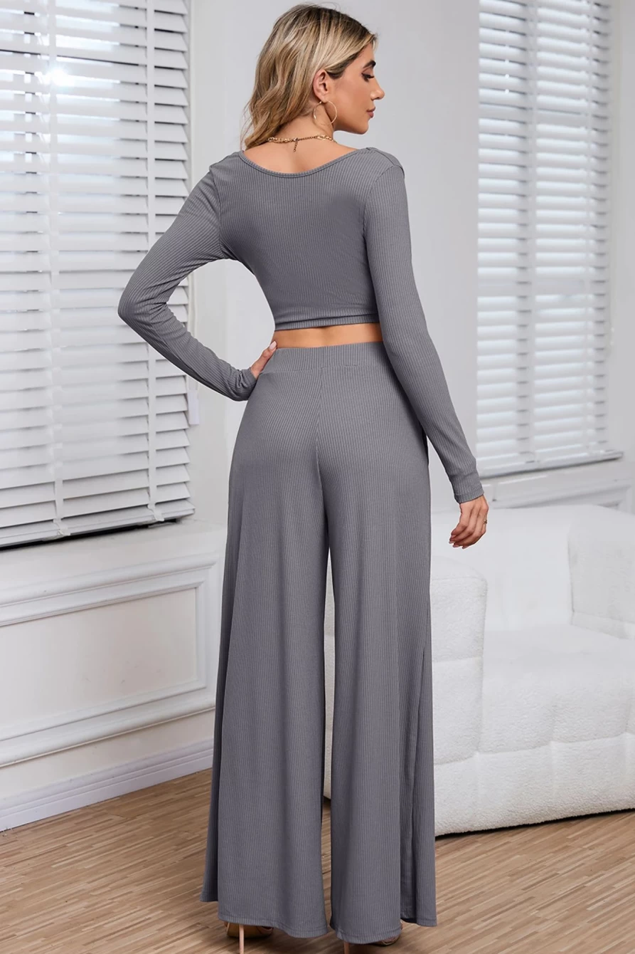 Shewin Women's Gray Ribbed Crop Top & Wide Leg Pants Two-Piece Set