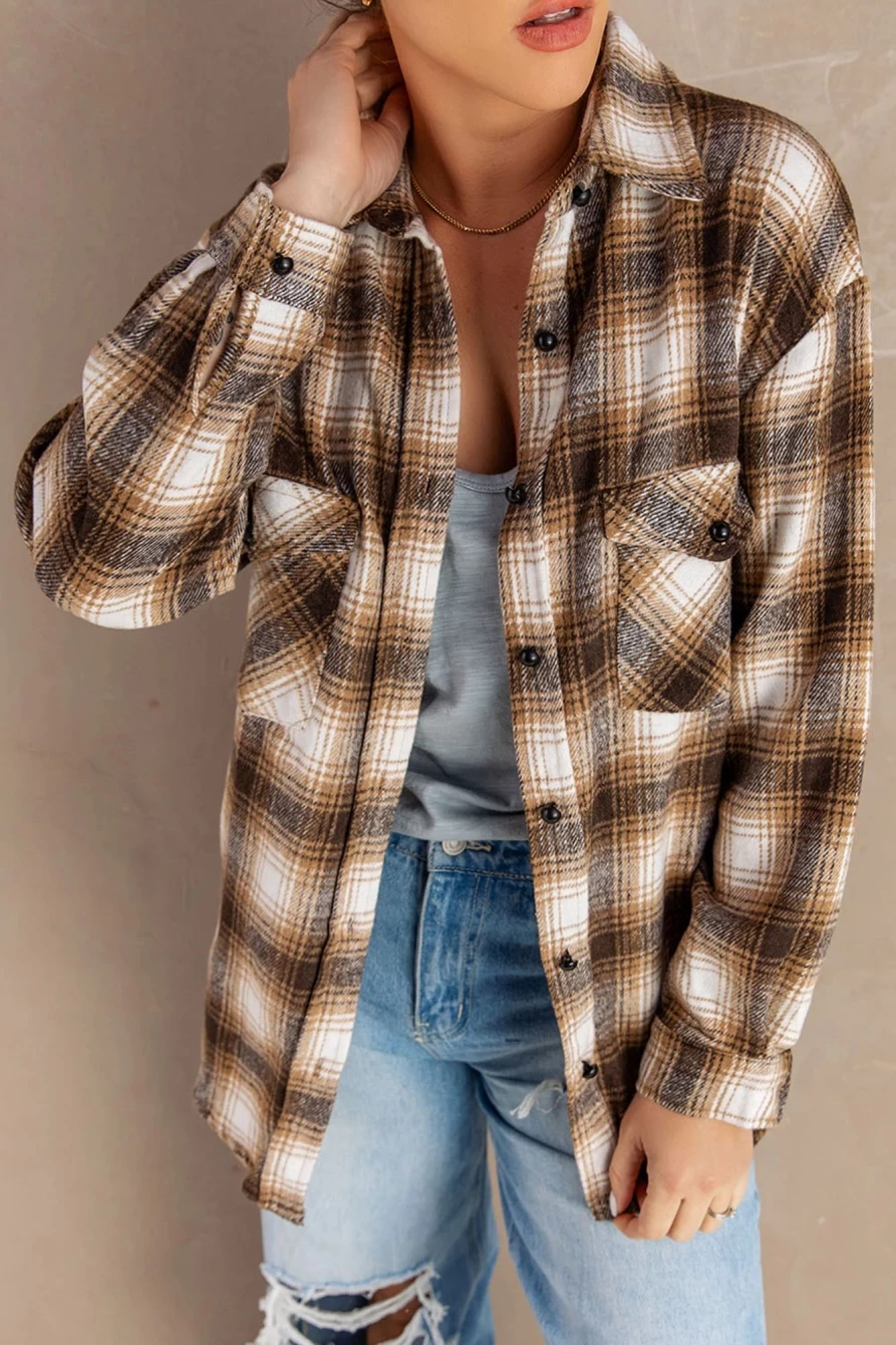 Women's Brown Plaid Button-Up Shacket with Collar - Shewin