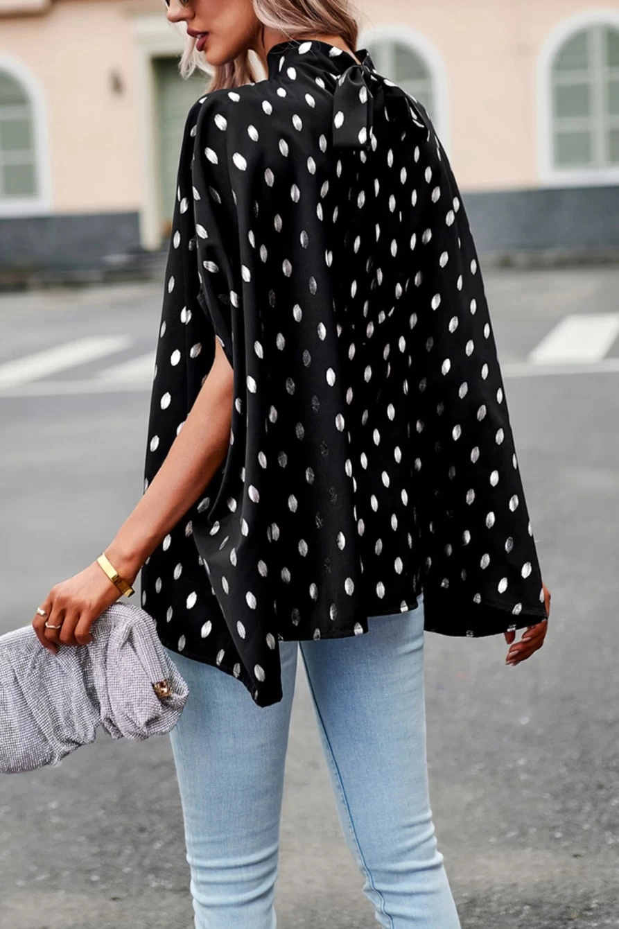 Shewin Women's Black Polka Dot Stand Neck Half Sleeve Blouse