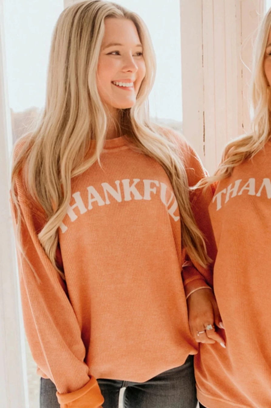 "Shewin Women's Orange-3 Thankful Letter Graphic Pullover Sweatshirt"