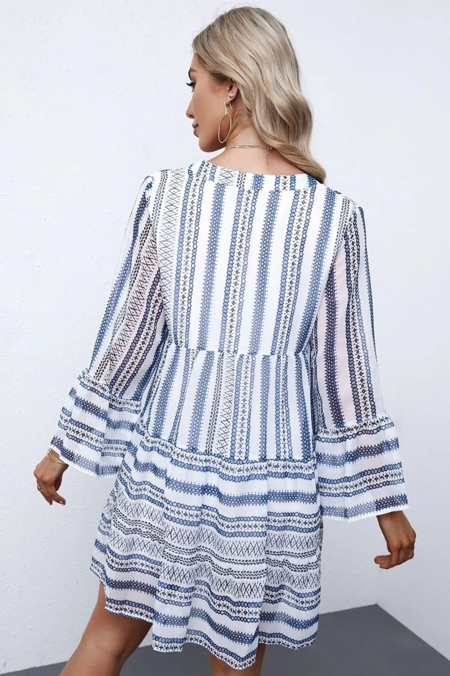 Shewin Women's Sky Blue Chiffon Split V-Neck 3/4 Sleeve Tunic Dress