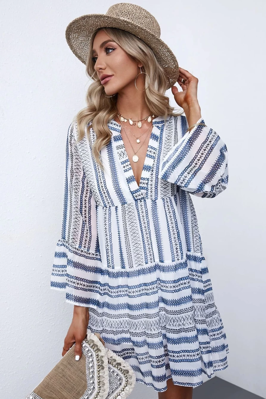 Shewin Women's Sky Blue Chiffon Split V-Neck 3/4 Sleeve Tunic Dress