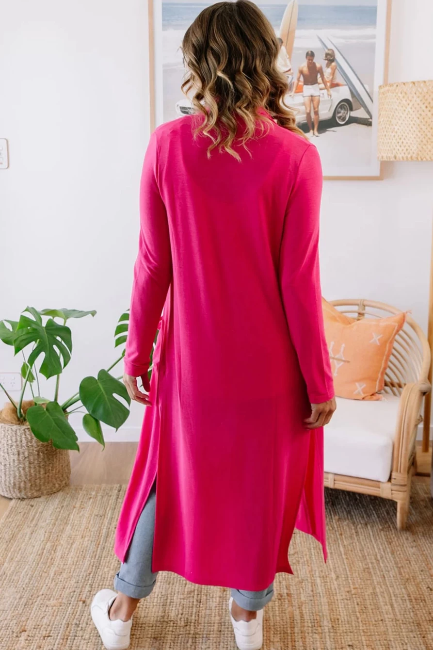 Shewin Women's Plus Size Strawberry Pink Duster Cardigan with Side Split Pockets