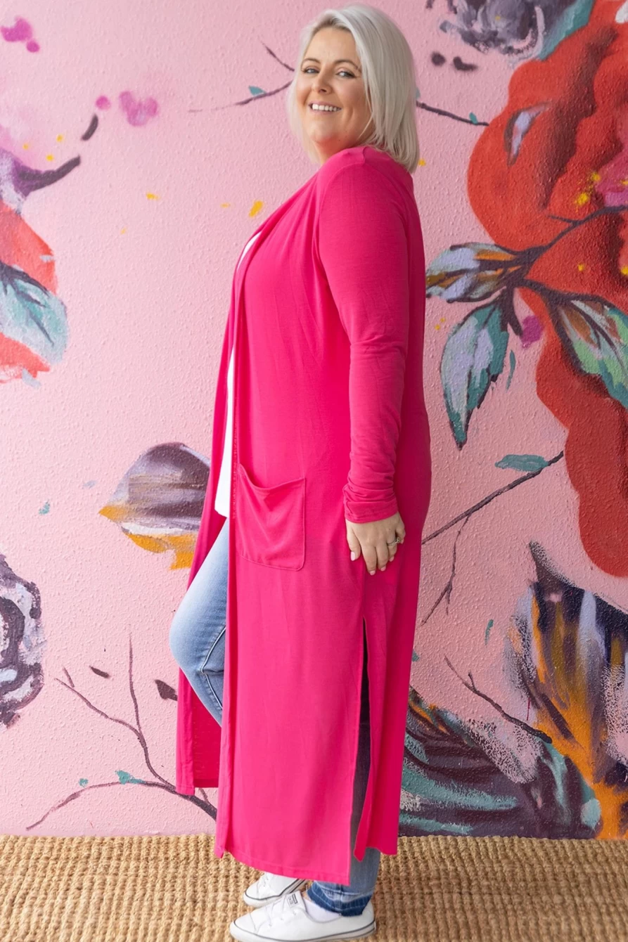 Shewin Women's Plus Size Strawberry Pink Duster Cardigan with Side Split Pockets