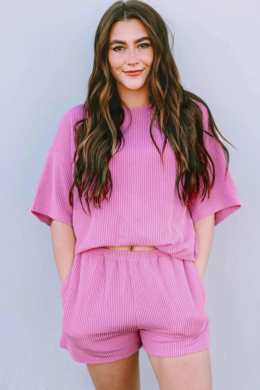 Shewin Women's Ribbed Textured Loose Fit Tee & Shorts Set in Phalaenopsis