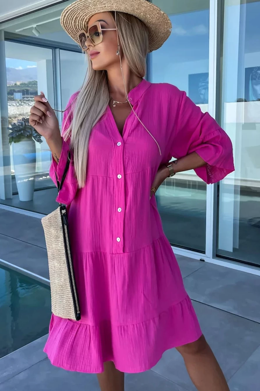 Shewin Women's Rose Crinkled Tiered Split Neck Shirt Dress