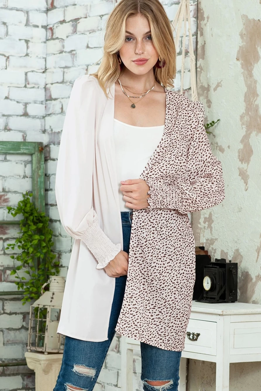 Women's Khaki Animal Print Lightweight Cardigan with Bishop Sleeves - Shewin
