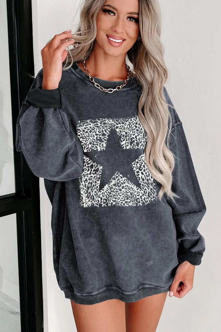 "Shewin Women's Gray Leopard Star Graphic Pullover Sweatshirt"