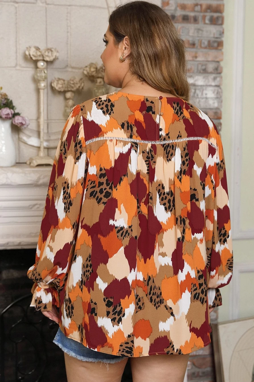 Shewin Women's Plus Size Multicolour Abstract Print Puff Sleeve Blouse
