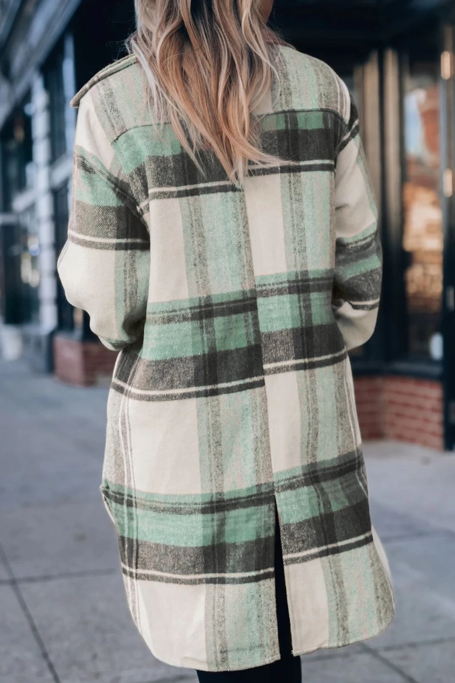 Women's Mint Green Plaid Flannel Shacket with Flap Pockets & Button Up Design by Shewin