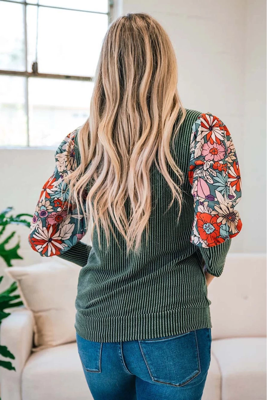 Shewin Women's Blackish Green Contrast Floral Sleeve Ribbed Crew Neck Top