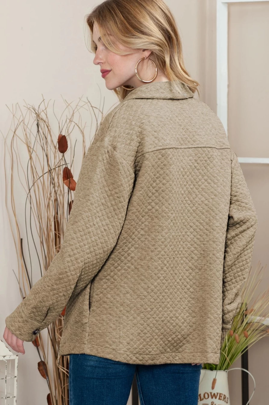 Shewin Women's Khaki Quilted Shacket with Lattice Texture and Button-Up Pockets