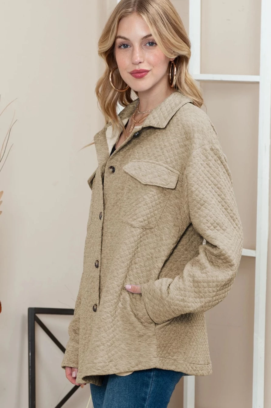 Shewin Women's Khaki Quilted Shacket with Lattice Texture and Button-Up Pockets