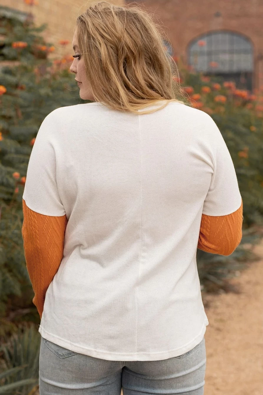 Shewin Women's Plus Size Chestnut Textured Patchwork Top with Pockets