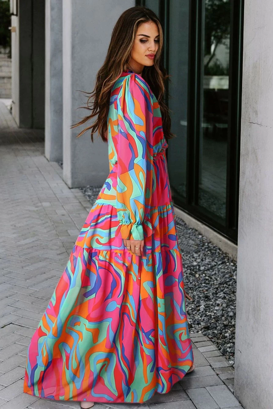 Shewin Women's Floral Print Maxi Dress with Ruffle Trim & Plunge Neckline - Multicolor Summer Boho Chic Dress