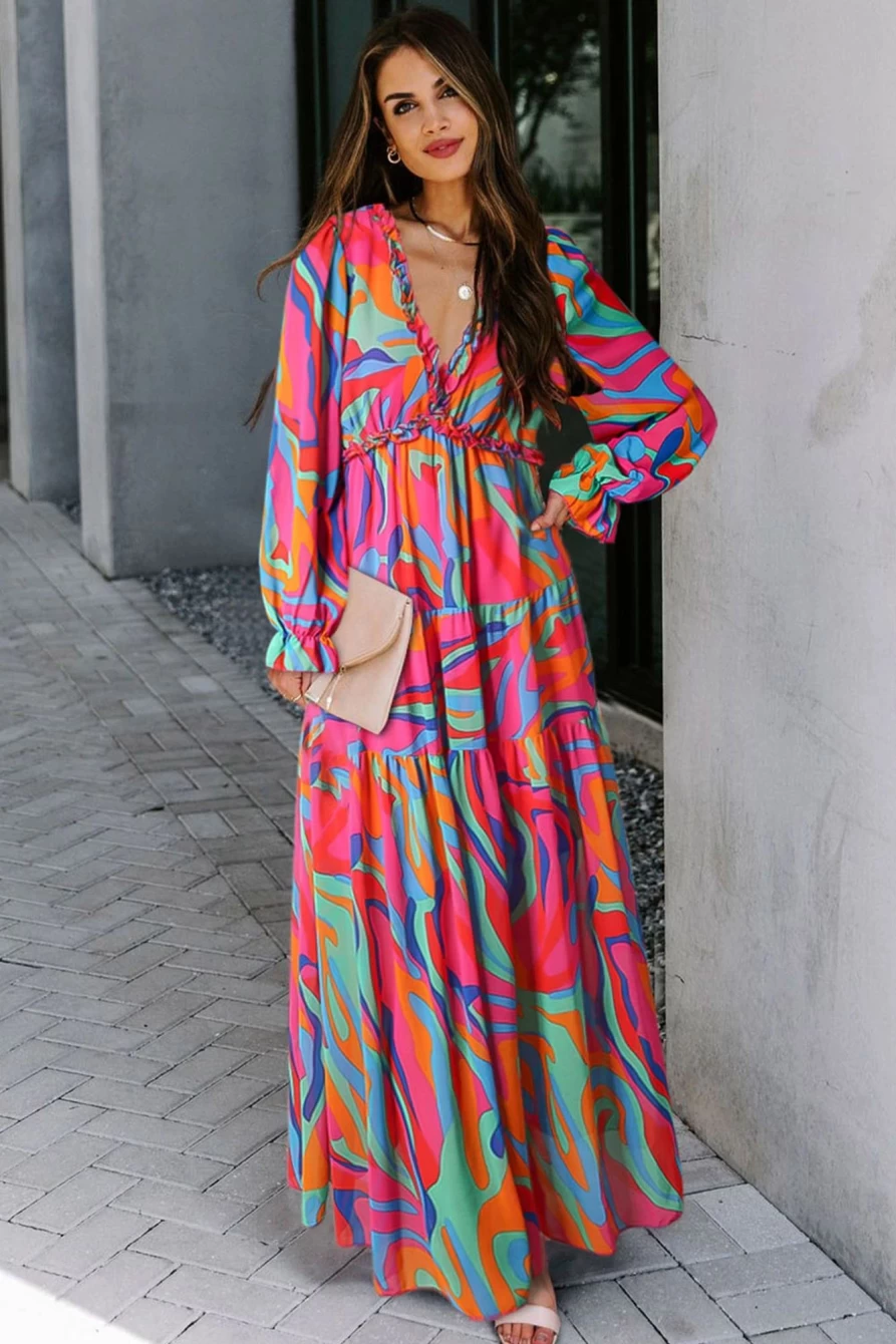Shewin Women's Floral Print Maxi Dress with Ruffle Trim & Plunge Neckline - Multicolor Summer Boho Chic Dress