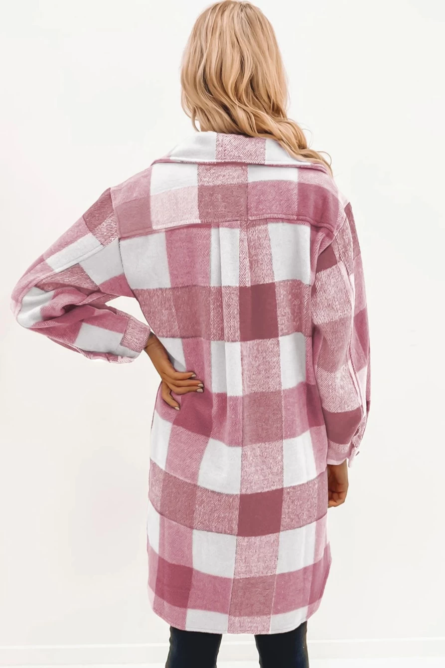 Women's Rose Tan Plaid Long Shacket with Button Down & Flap Pockets | SHEWIN