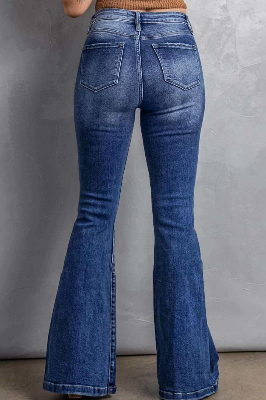 Shewin Women's Plus Size Dark Blue Washed Stitching Flare Jeans