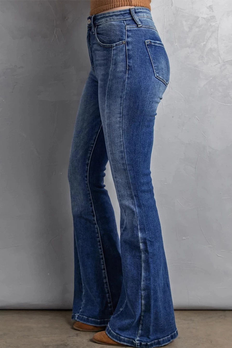 Shewin Women's Plus Size Dark Blue Washed Stitching Flare Jeans