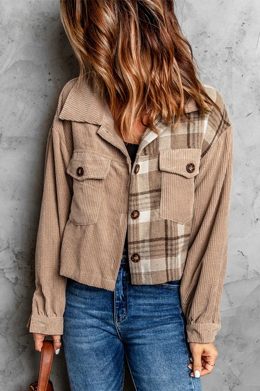 Shewin Women's Khaki Cropped Corduroy Jacket with Plaid Patchwork Pockets