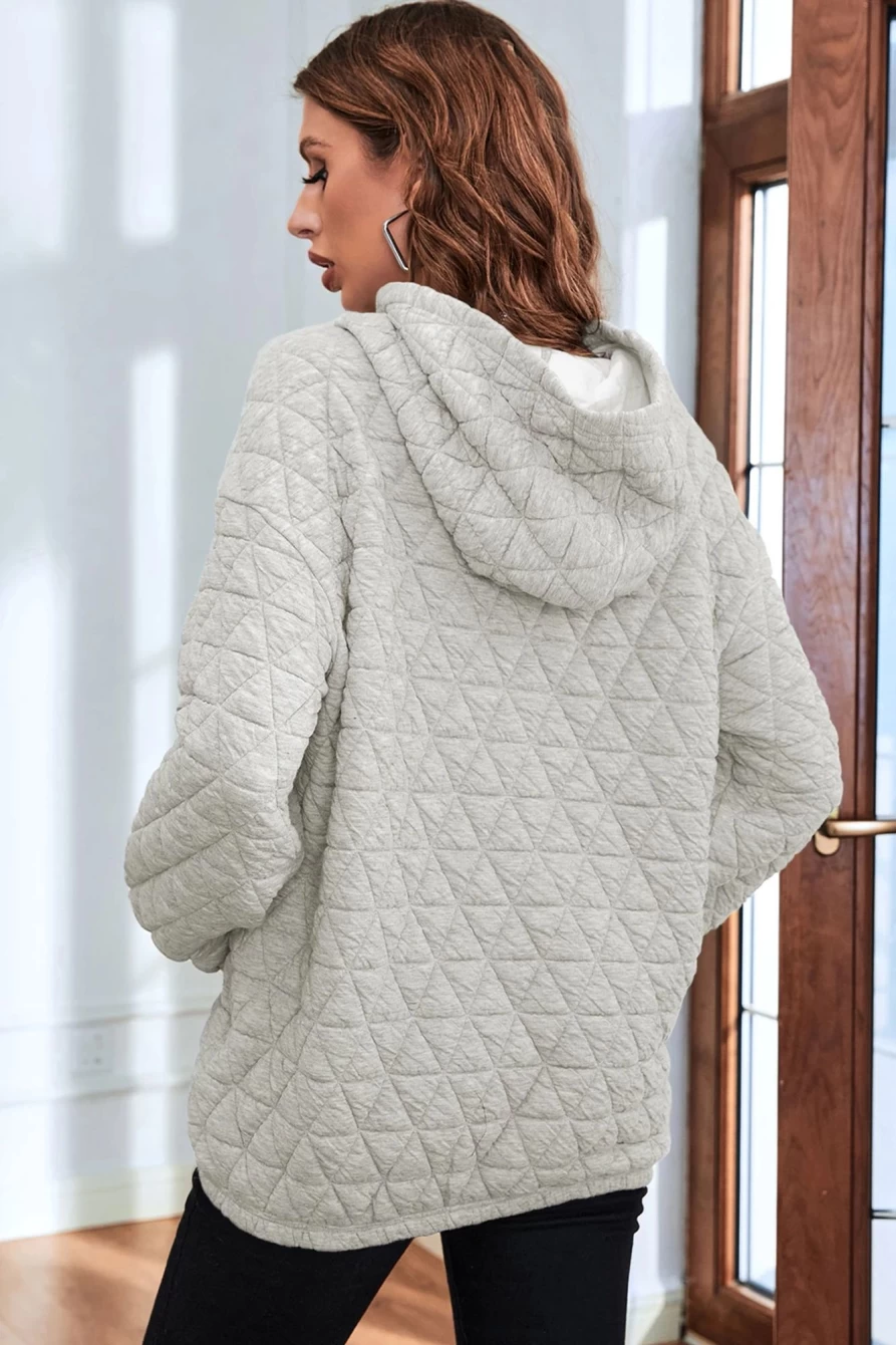 Shewin Women's Light Grey Thermal Quilted Hoodie with Kangaroo Pockets