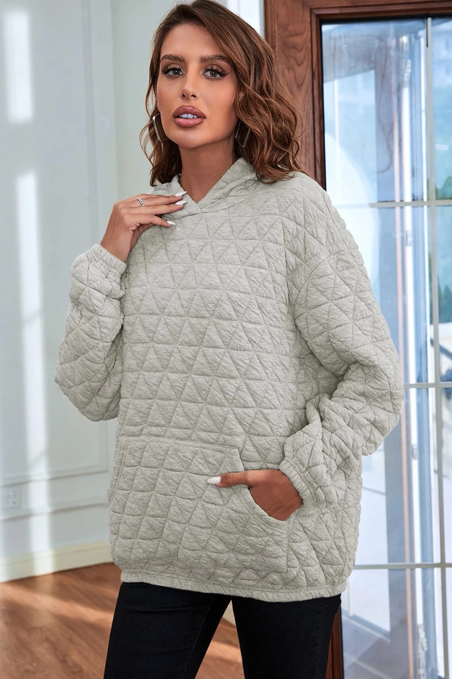 Shewin Women's Light Grey Thermal Quilted Hoodie with Kangaroo Pockets