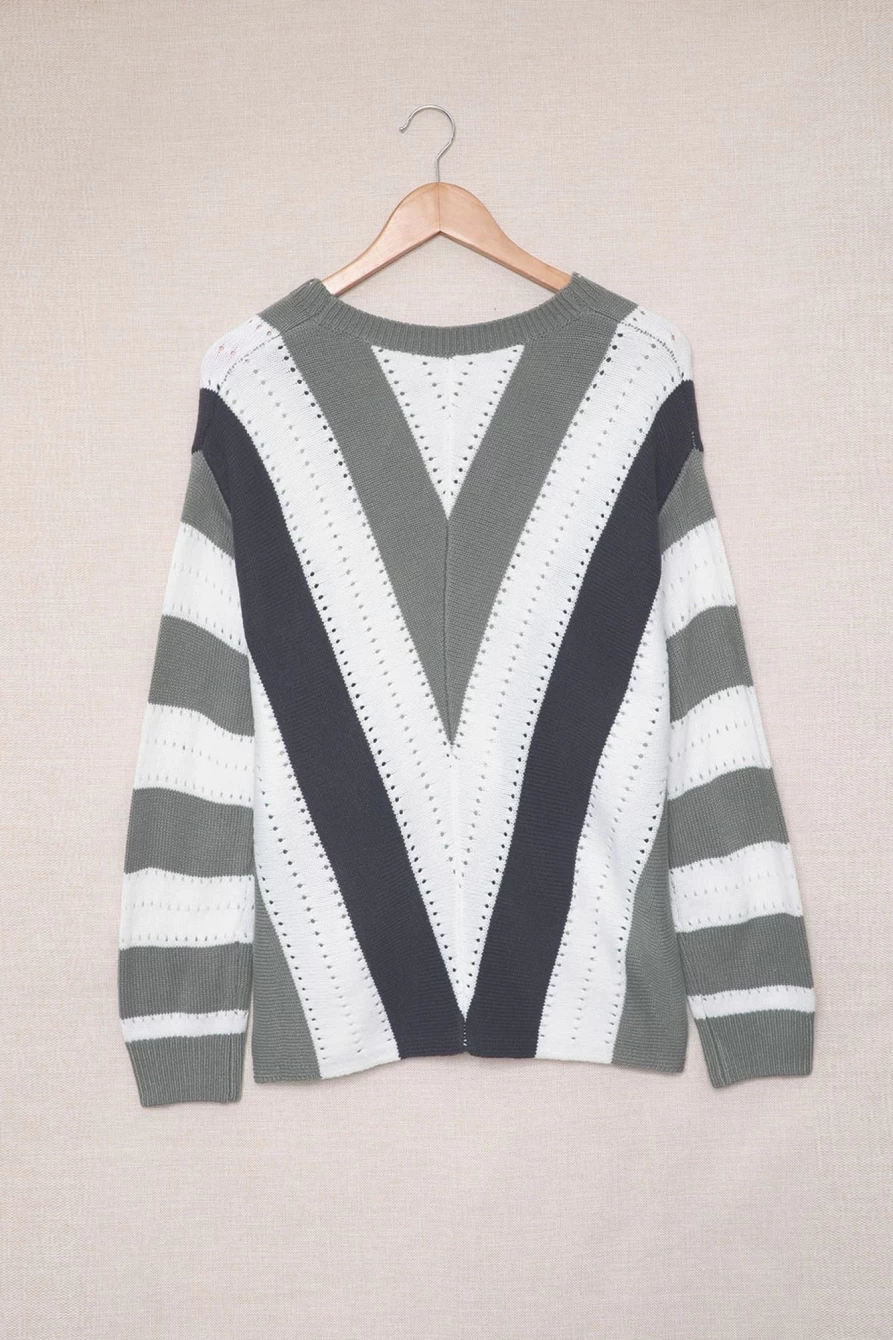 Shewin Women's Gray-2 Colorblock V-Neck Knitted Sweater Casual Pullover