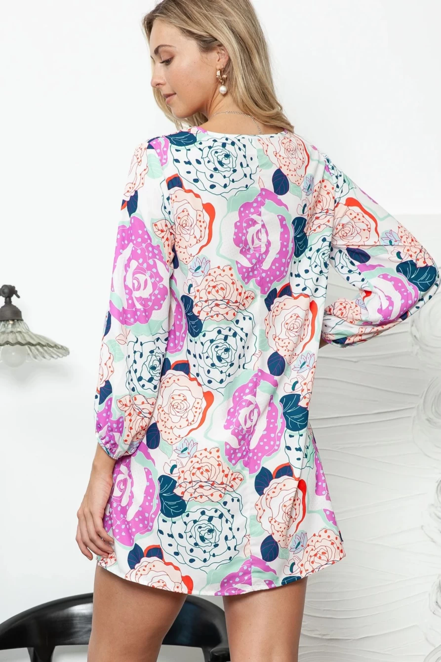 Shewin Women's Bohemian Floral Print V-Neck Tunic Dress - Multicolor