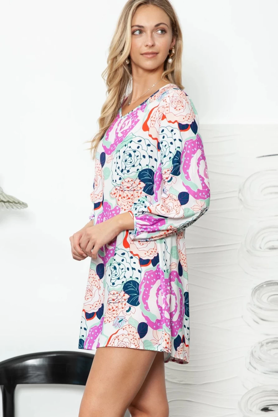 Shewin Women's Bohemian Floral Print V-Neck Tunic Dress - Multicolor