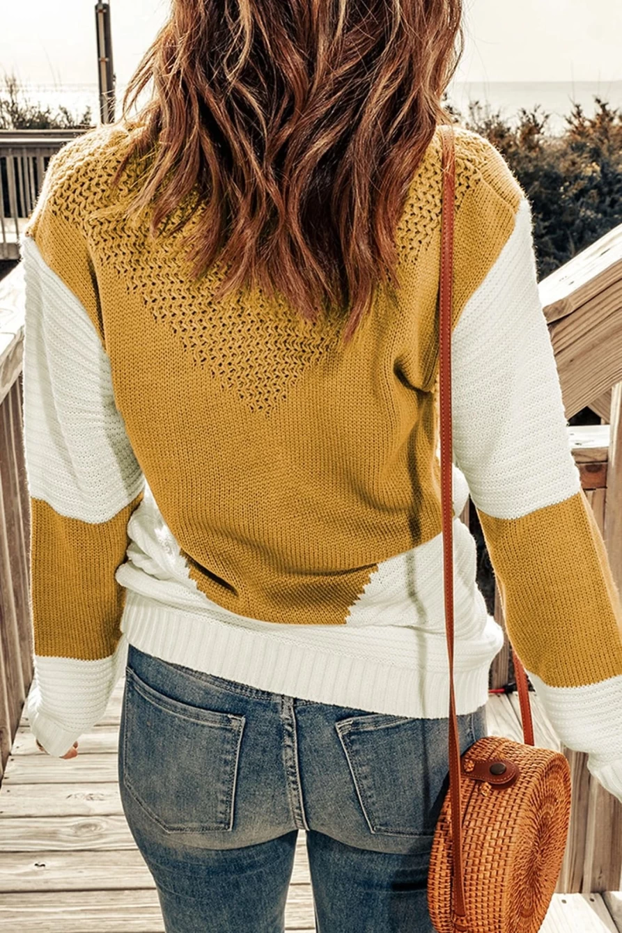 Shewin Women's Brown Colorblock Chevron Knit Pullover Sweater