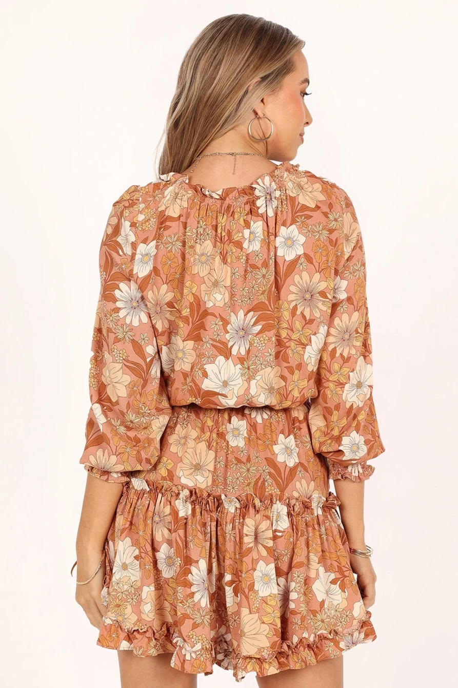 Shewin Women's Floral Lace-Up Split Neck Tunic Dress in Camel