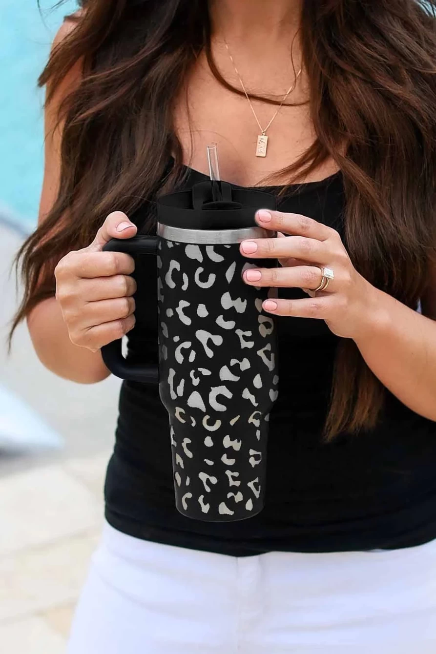 40Oz Black Stainless Steel Tumbler Mug With Handle - Shewin Leopard Print Insulated Travel Cup for Women