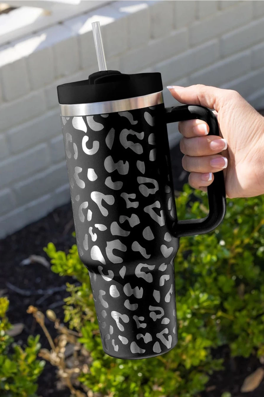 40Oz Black Stainless Steel Tumbler Mug With Handle - Shewin Leopard Print Insulated Travel Cup for Women