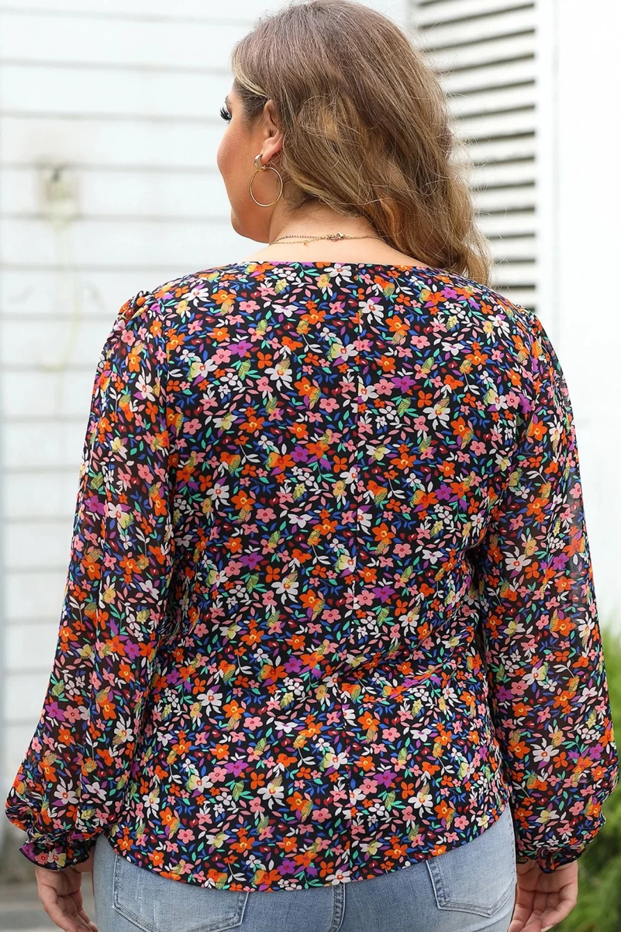 Shewin Women's Plus Size Black Floral V-Neck Blouse with Stylish Bubble Sleeves