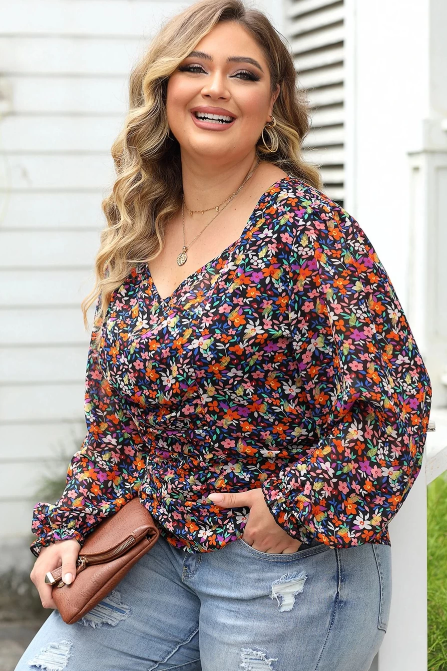 Shewin Women's Plus Size Black Floral V-Neck Blouse with Stylish Bubble Sleeves