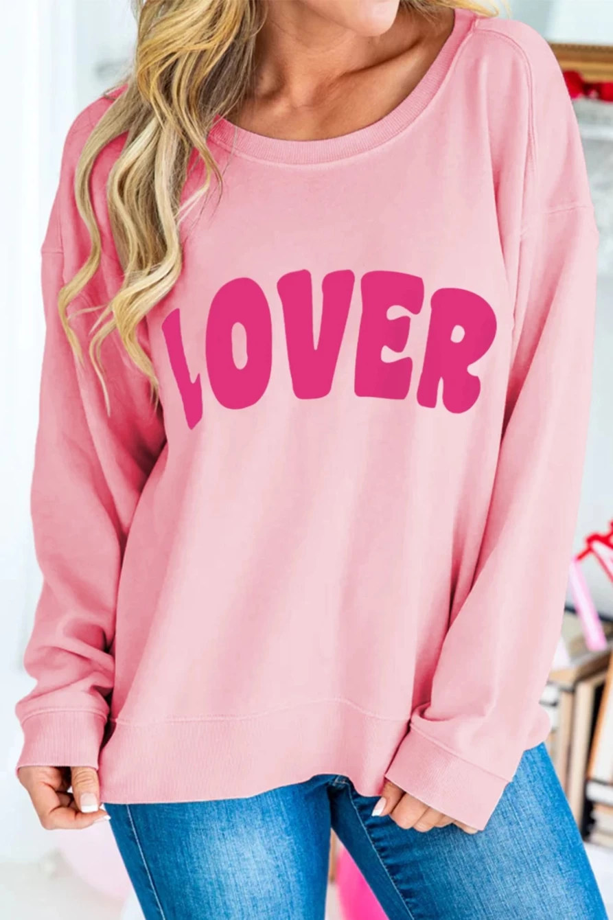 "SheWin Women's Pink Valentine's Day Letter Graphic Casual Sweatshirt"