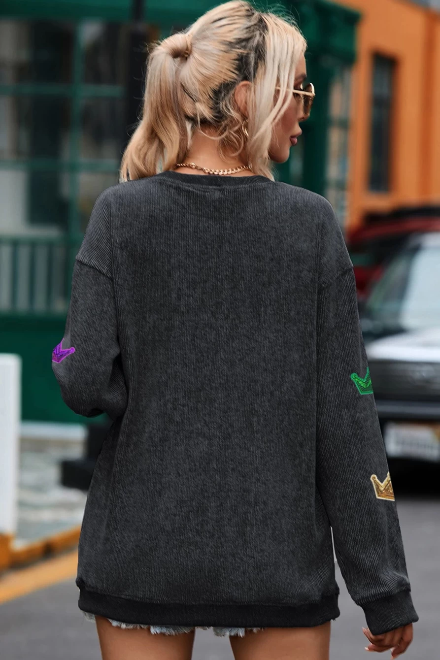 Women's Black Corduroy Sweatshirt with Mardi Gras Crown Graphic - Shewin