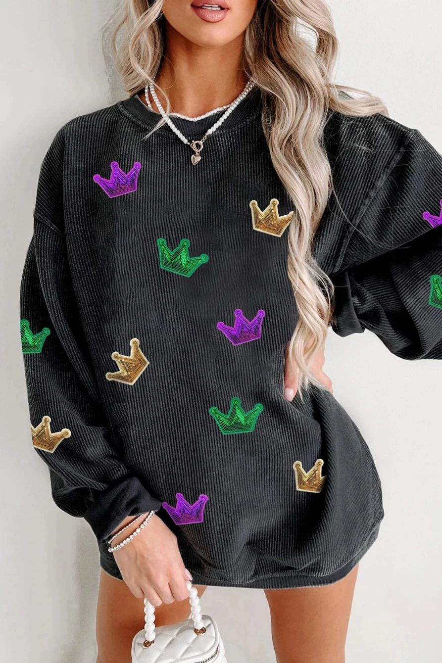Women's Black Corduroy Sweatshirt with Mardi Gras Crown Graphic - Shewin